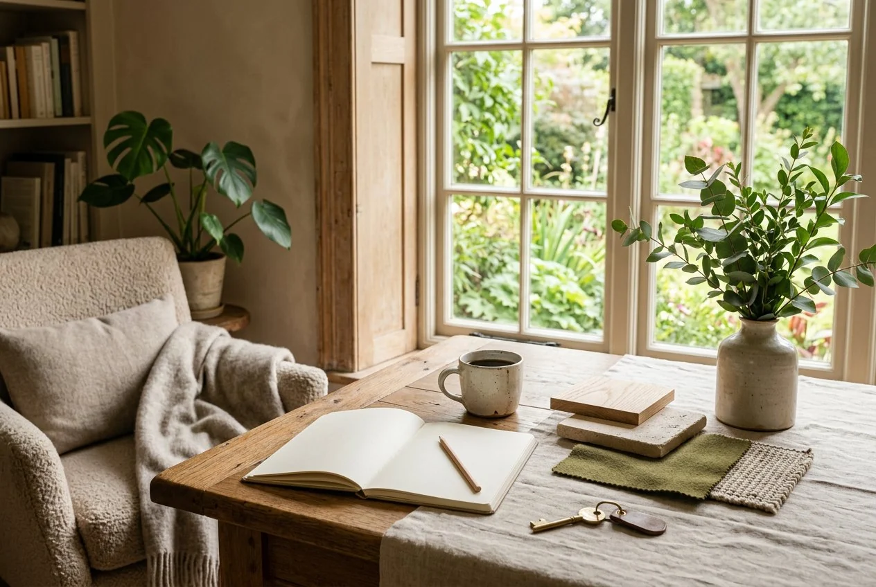An oak planning desk with home material samples and a house key