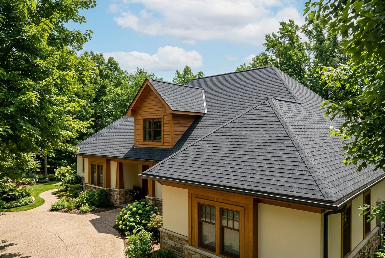 A neatly finished charcoal shingle roof on a cream residential home